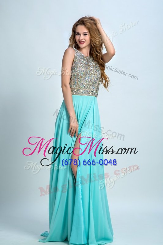 wholesale attractive scoop beading prom dress turquoise backless sleeveless with brush train