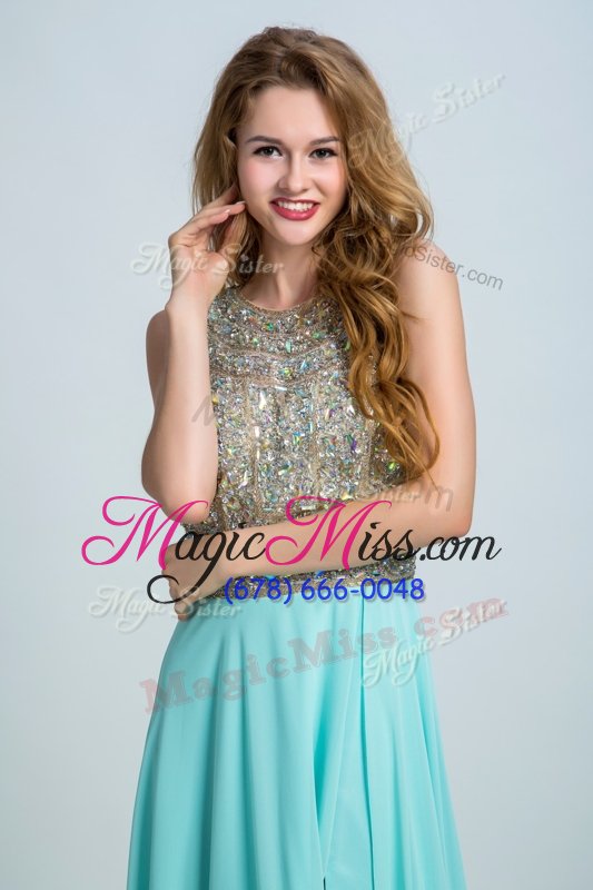 wholesale attractive scoop beading prom dress turquoise backless sleeveless with brush train