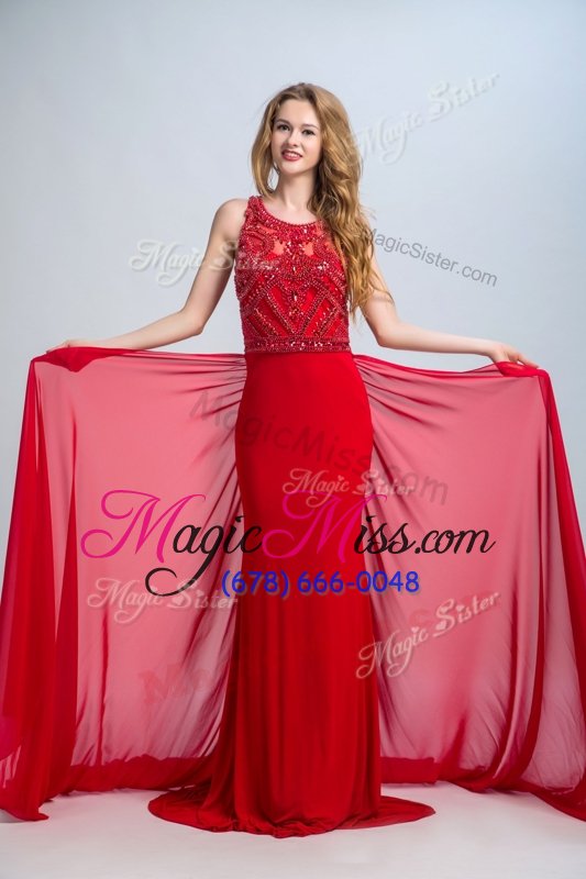 wholesale scoop red side zipper prom dress beading sleeveless with train court train