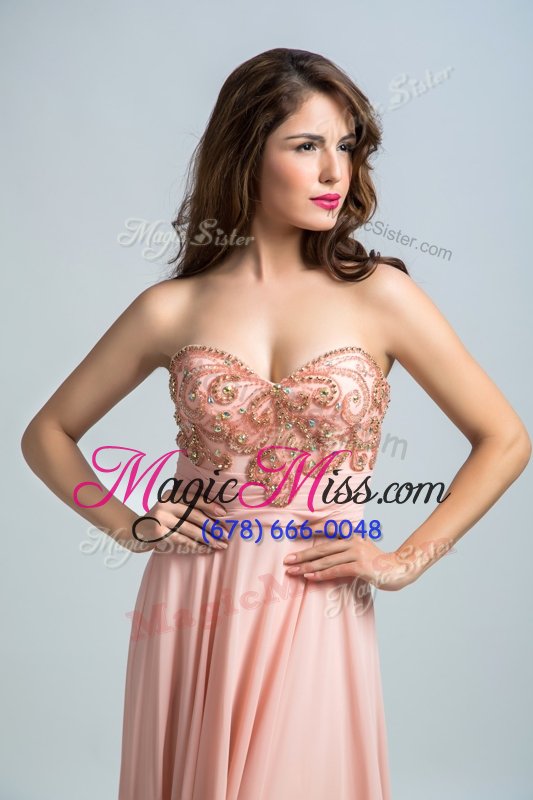 wholesale high class sweetheart sleeveless prom gown with brush train beading peach chiffon