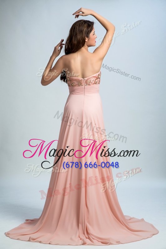 wholesale high class sweetheart sleeveless prom gown with brush train beading peach chiffon