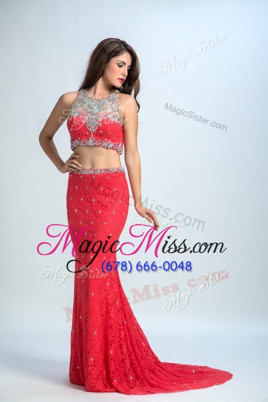 wholesale custom fit mermaid scoop sleeveless chiffon with brush train zipper evening dress in watermelon red for with beading