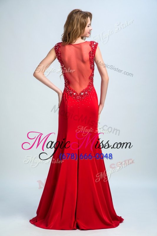 wholesale sophisticated scoop watermelon red mermaid beading prom evening gown side zipper chiffon sleeveless with train