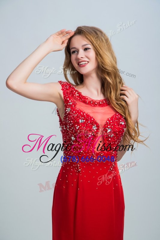 wholesale sophisticated scoop watermelon red mermaid beading prom evening gown side zipper chiffon sleeveless with train
