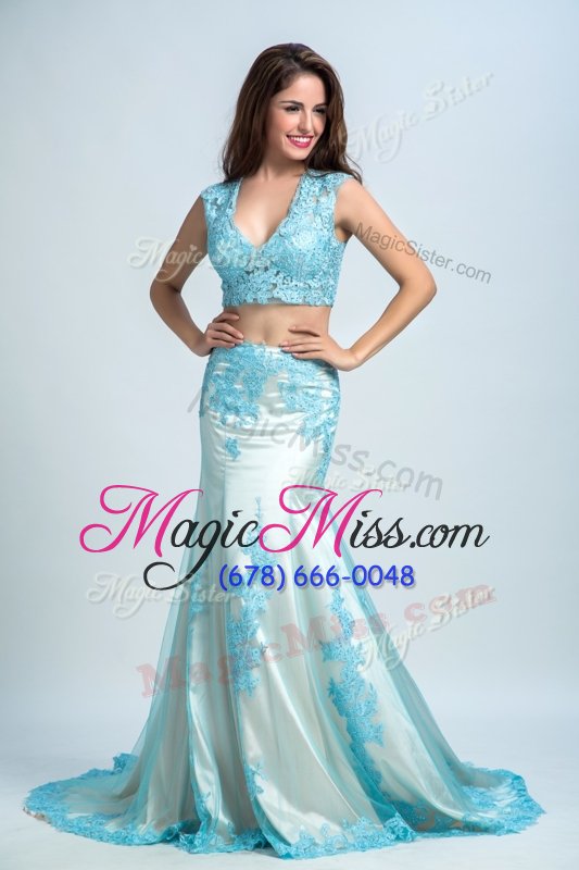 wholesale mermaid with train baby blue prom party dress chiffon brush train sleeveless beading and pattern