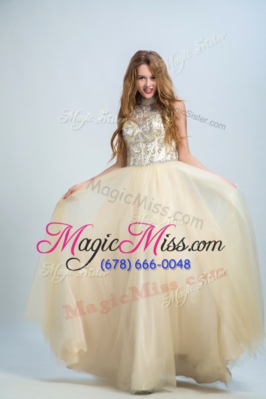 wholesale elegant champagne sleeveless floor length beading zipper prom dresses