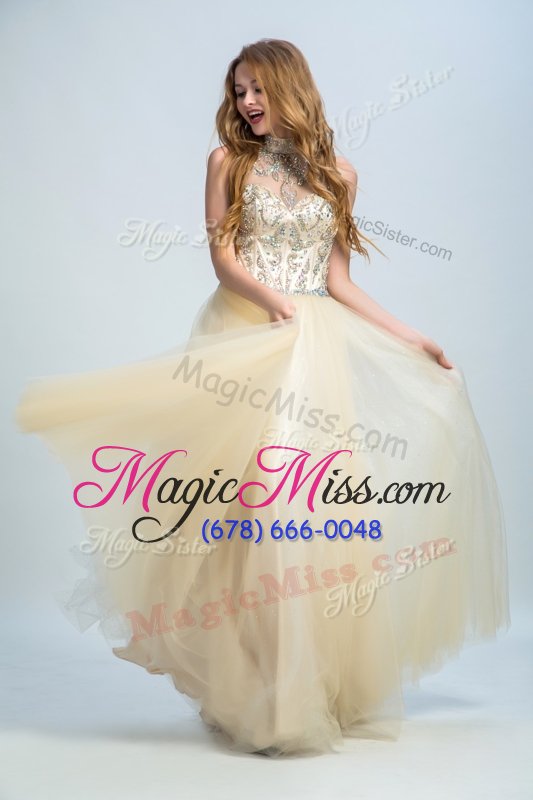 wholesale elegant champagne sleeveless floor length beading zipper prom dresses