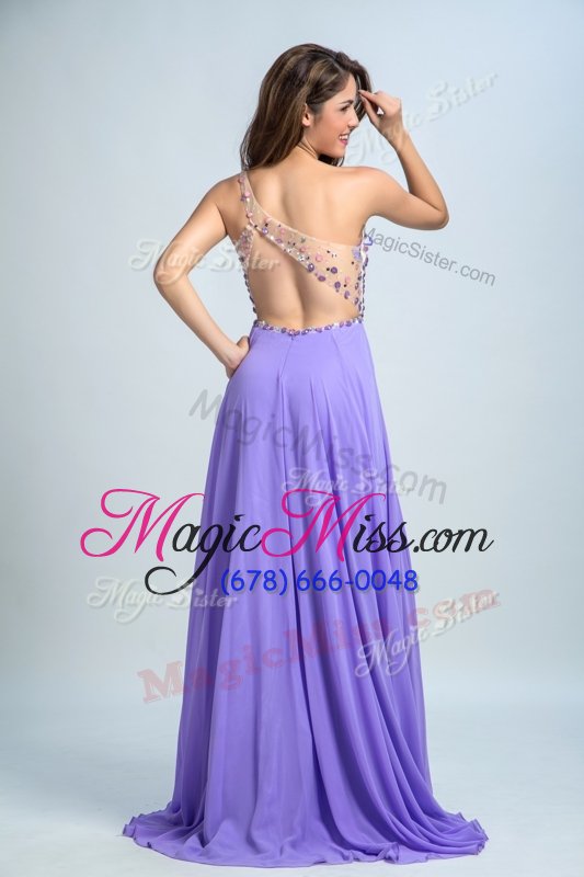 wholesale top selling lavender evening dress prom and for with beading one shoulder sleeveless brush train backless