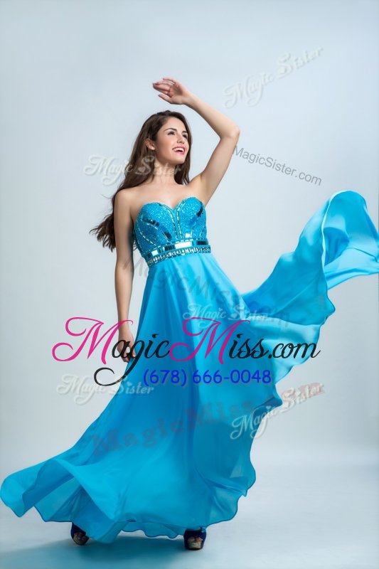 wholesale superior floor length aqua blue prom party dress chiffon sleeveless beading