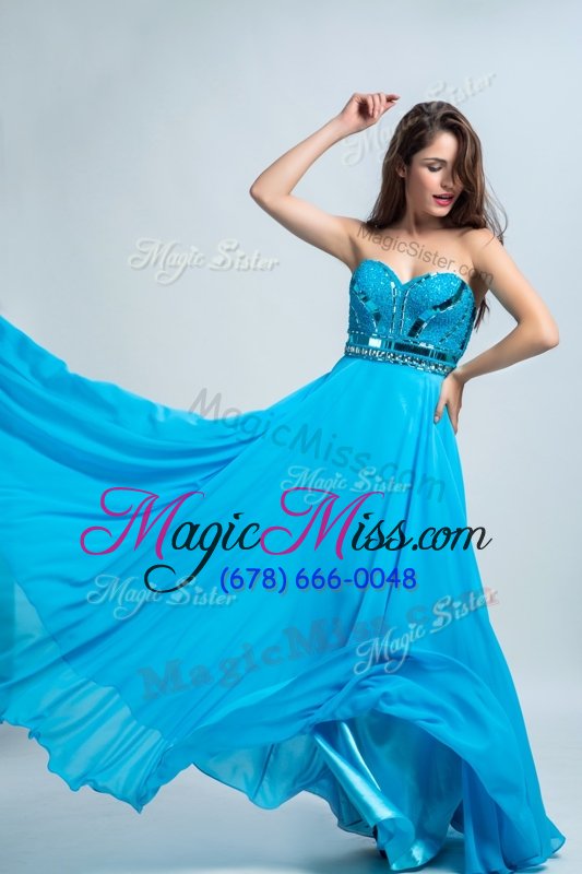 wholesale superior floor length aqua blue prom party dress chiffon sleeveless beading