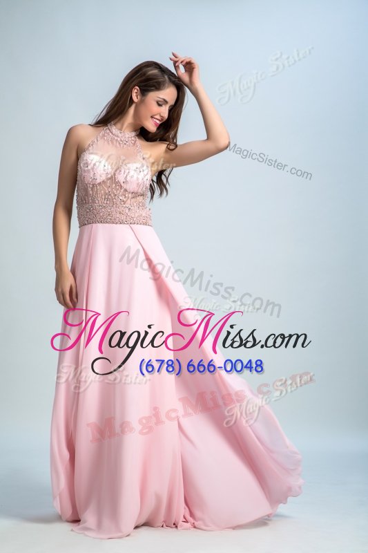 wholesale vintage halter top baby pink empire beading dress for prom criss cross chiffon sleeveless floor length
