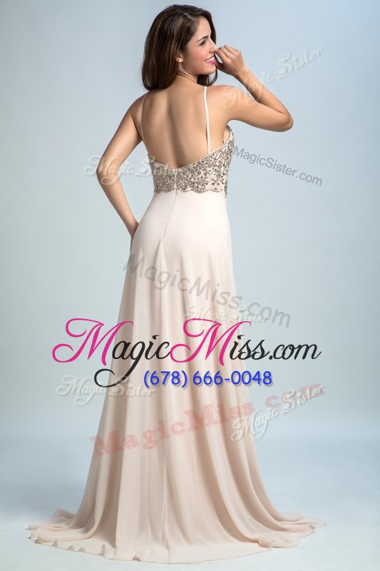 wholesale high class sequins empire evening gowns baby pink spaghetti straps chiffon sleeveless floor length backless