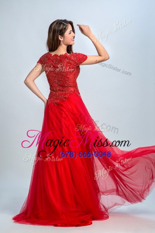 wholesale glittering red a-line lace prom evening gown zipper tulle cap sleeves floor length