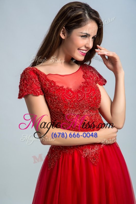 wholesale glittering red a-line lace prom evening gown zipper tulle cap sleeves floor length