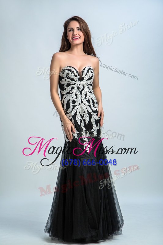 wholesale beauteous black column/sheath tulle sweetheart sleeveless embroidery floor length zipper custom made pageant dress