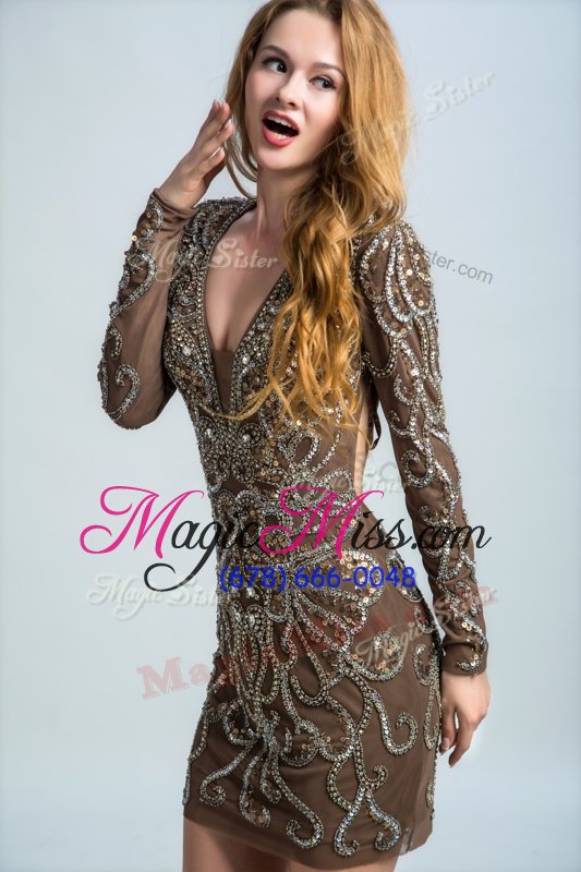 wholesale sequins column/sheath mother of the bride dress brown v-neck organza long sleeves mini length backless