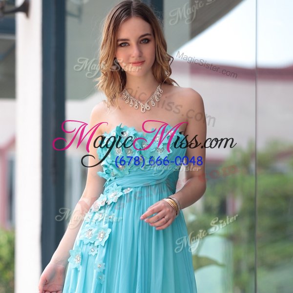 wholesale low price chiffon sleeveless floor length prom dress and beading and hand made flower