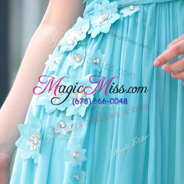 wholesale low price chiffon sleeveless floor length prom dress and beading and hand made flower