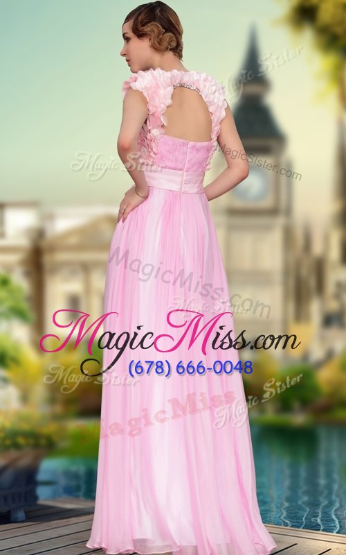 wholesale popular rose pink sleeveless belt and hand made flower floor length homecoming dress