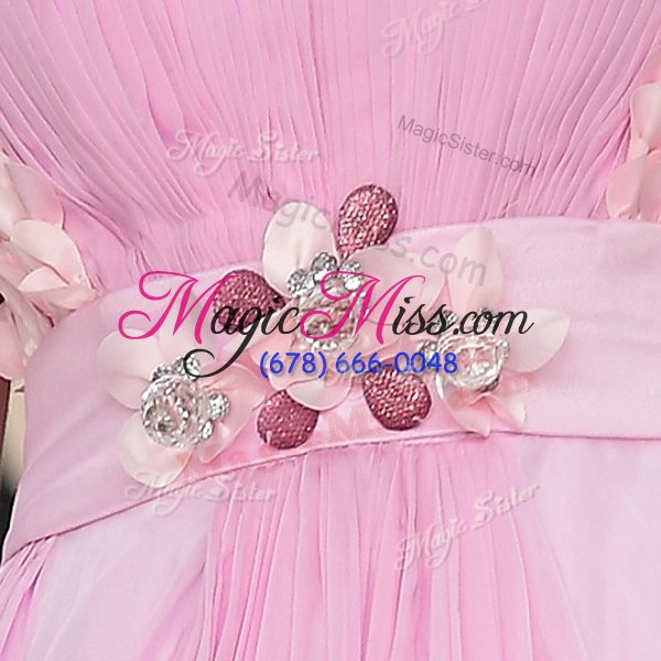 wholesale popular rose pink sleeveless belt and hand made flower floor length homecoming dress