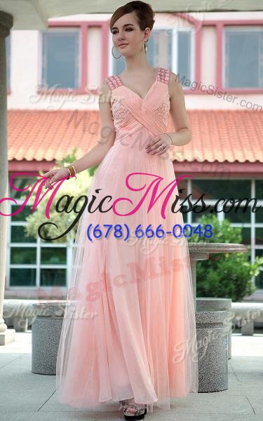 wholesale fashionable floor length a-line sleeveless baby pink prom dresses zipper