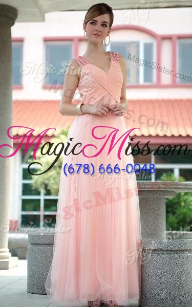 wholesale fashionable floor length a-line sleeveless baby pink prom dresses zipper