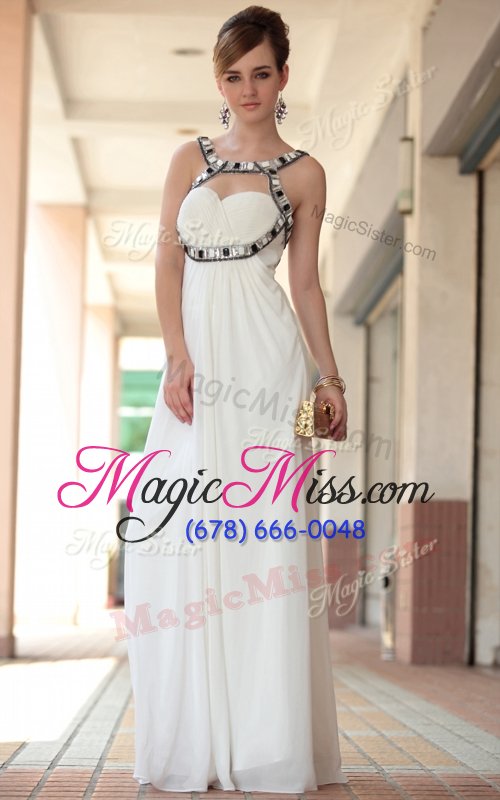 wholesale sleeveless chiffon floor length side zipper celebrity style dress in white for with beading and ruching