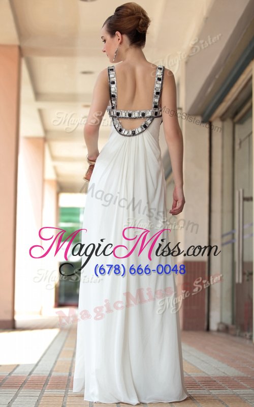 wholesale sleeveless chiffon floor length side zipper celebrity style dress in white for with beading and ruching