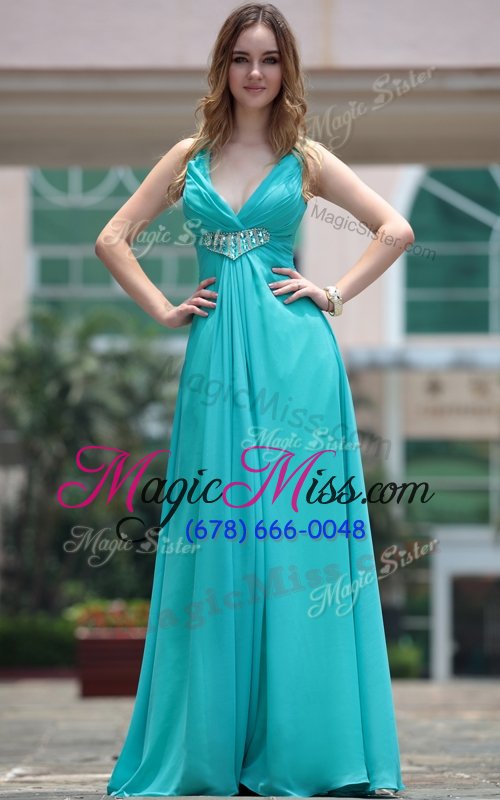 wholesale beauteous aqua blue v-neck side zipper beading prom dresses sleeveless
