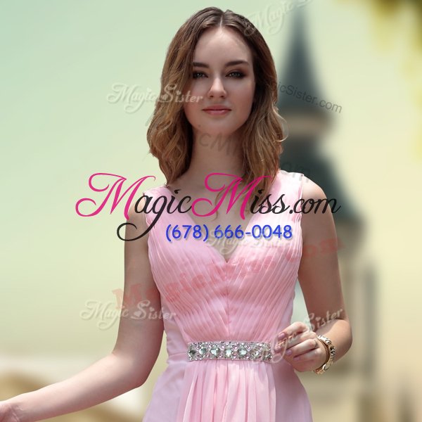 wholesale customized column/sheath prom dress pink v-neck chiffon sleeveless floor length zipper