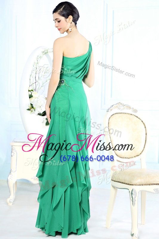 wholesale cute green side zipper one shoulder appliques prom gown chiffon sleeveless