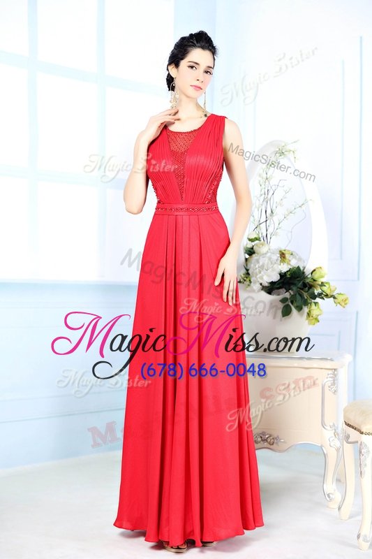 wholesale suitable red chiffon zipper scoop sleeveless floor length homecoming dress ruching