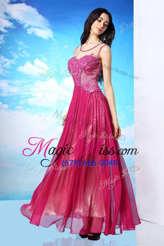wholesale custom design watermelon red column/sheath chiffon scoop sleeveless beading floor length side zipper evening dress