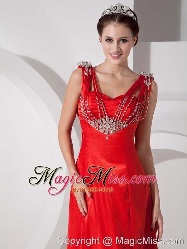 wholesale pretty red empire v-neck evening dress satin beading floor-length