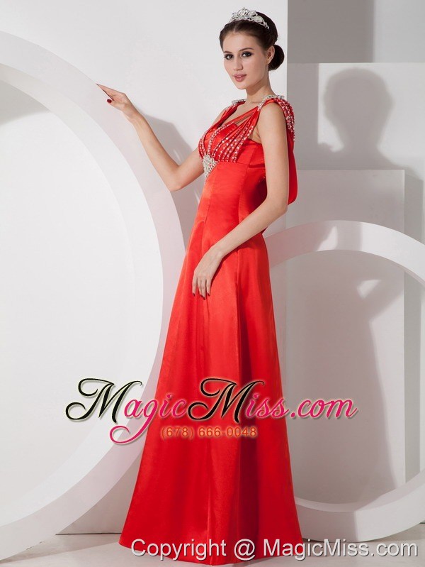 wholesale pretty red empire v-neck evening dress satin beading floor-length