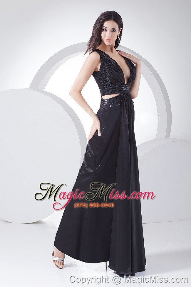 wholesale sexy prom dress for 2013 v-neck black elastic woven satin ankle-length
