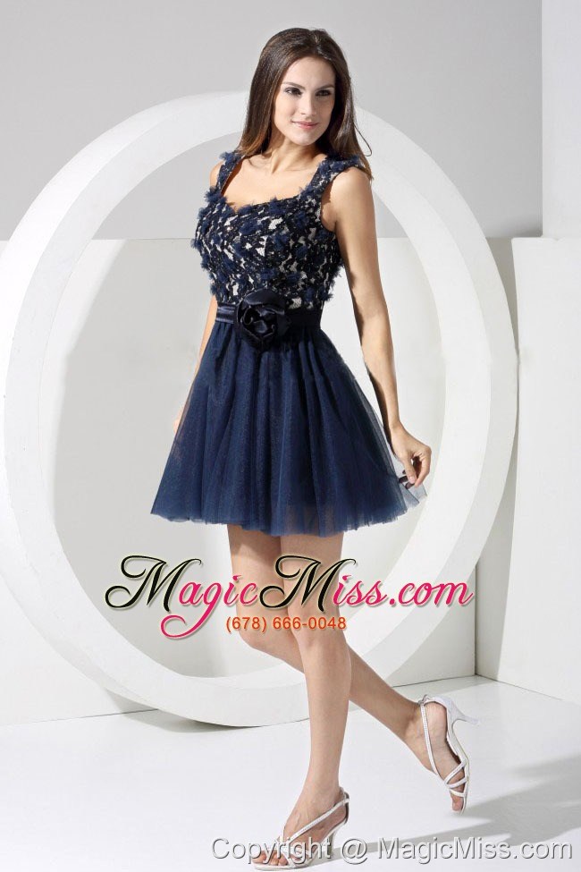 wholesale lace decorate bodice a-line navy blue straps mini-length backless 2013 prom dress