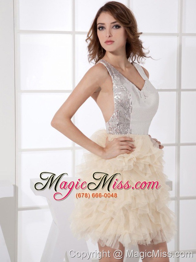 wholesale v-neck silver and champagne sequin and organza mini-length ruffles 2013 prom dress