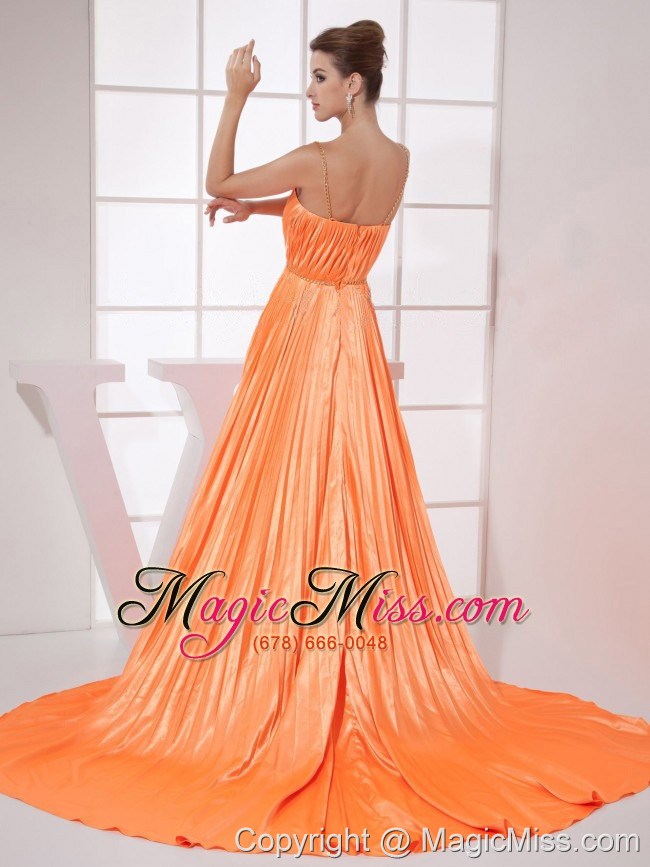 wholesale orange red beading pleat elastic woven satin brush train 2013 prom dress