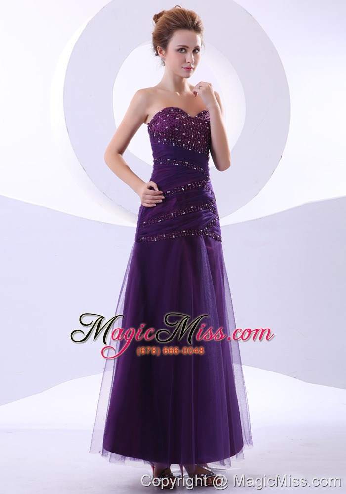 wholesale beading decorate bodice purple ankle-length tulle and taffeta 2013 prom dress