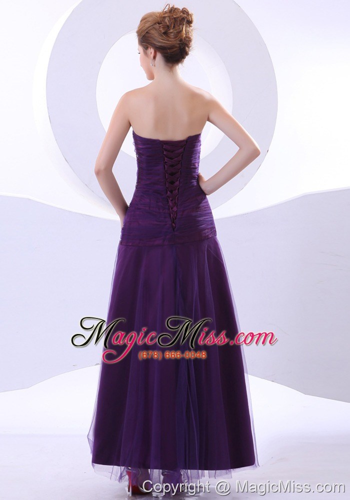 wholesale beading decorate bodice purple ankle-length tulle and taffeta 2013 prom dress