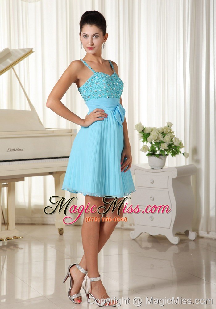 wholesale spaghetti straps beaded decorate bowknot aqua blue with a-line prom / cocktail dress