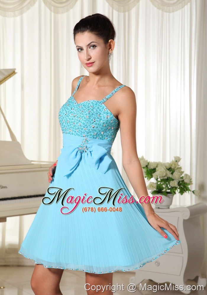 wholesale spaghetti straps beaded decorate bowknot aqua blue with a-line prom / cocktail dress