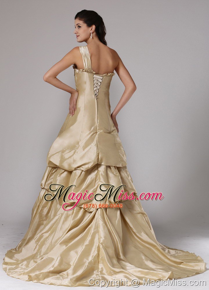 wholesale wholesale a-line champagne one shoulder prom dress with appliques decorate bust ruffled layered in guilford connecticut