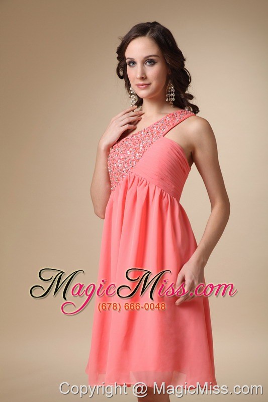 wholesale watermelon red a-line one shoulder knee-length chiffon beading prom / homecoming dress