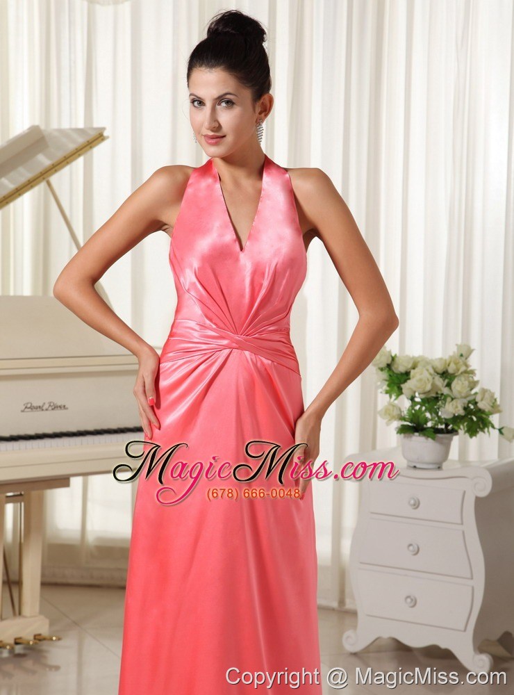wholesale watermelon with halter top bridesmaid dress ruched decorate waist elastic woven satin