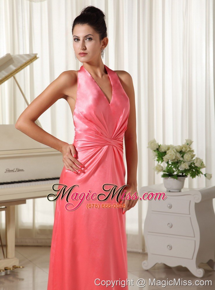 wholesale watermelon with halter top bridesmaid dress ruched decorate waist elastic woven satin