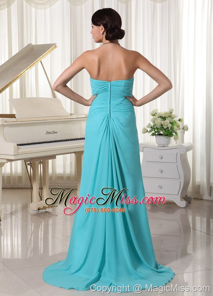 wholesale aqua blue ruch sweetheart beaded prom dress with brush train chiffon