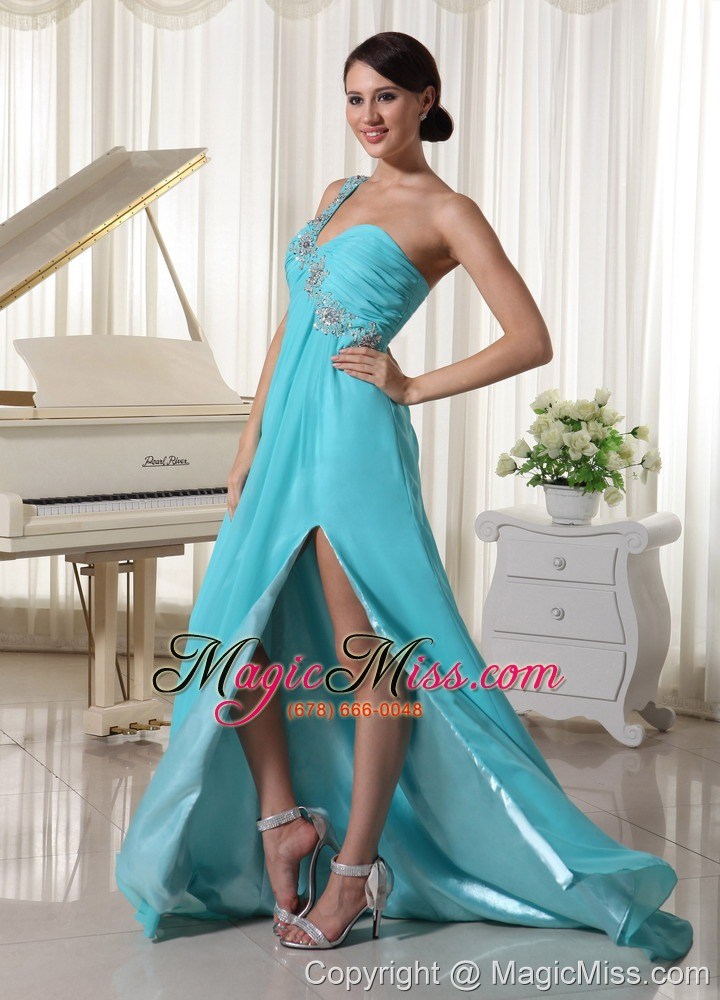 wholesale beaded one shoulder turquoise blue prom dress with high slit brush train chiffon