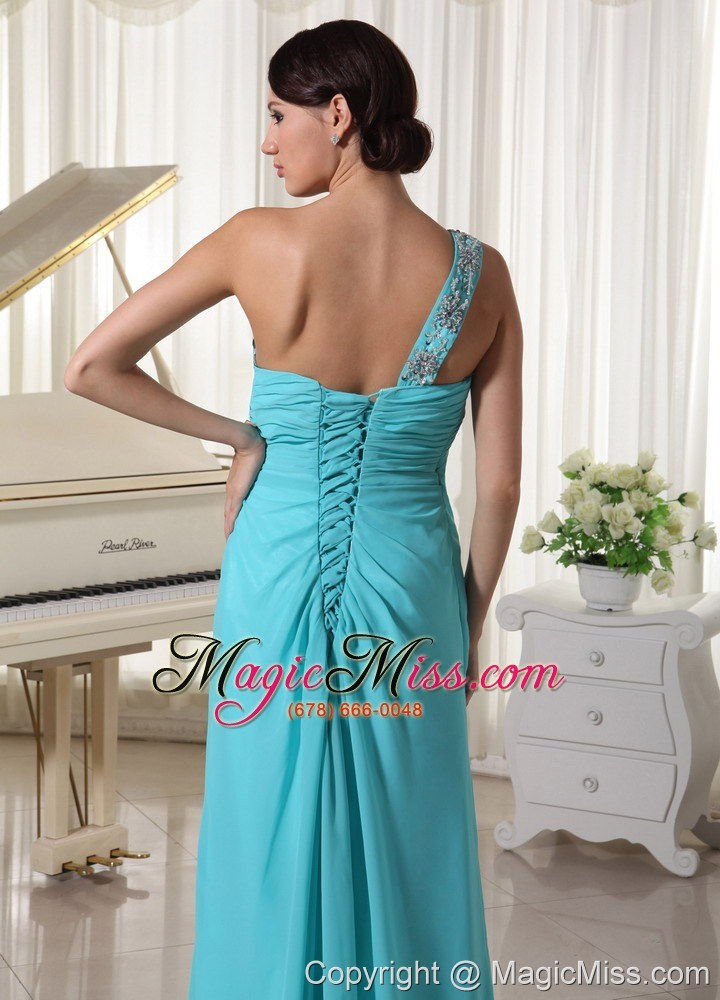 wholesale beaded one shoulder turquoise blue prom dress with high slit brush train chiffon